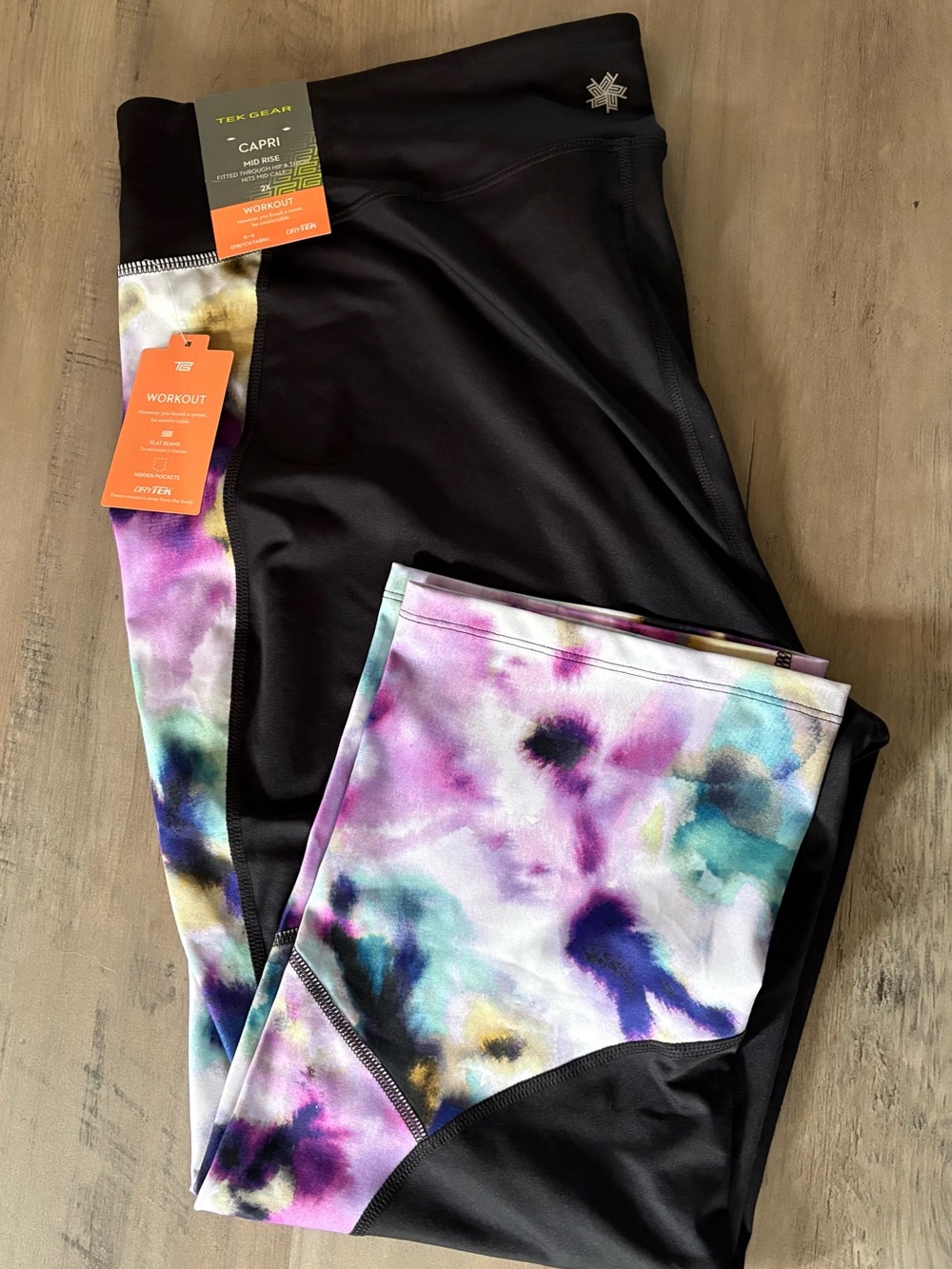 tek gear Black Capri Leggings with Purple and Aqua Tie-Dye Panels